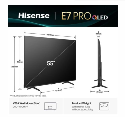 Телевизор Hisense 55" E7Q Pro, 4K Ultra HD 3840x2160, QLED, Quantum Dot, 144Hz, HDR 10+ adaptive, HLG, Dolby Vision, DTS Virtual X, Smart TV, WiFi 5GHz, WiFi Direct, BT, Anyview Cast, 3xHDMI, 2xUSB, LAN, CI+, DVB-T2/C/S2, Black