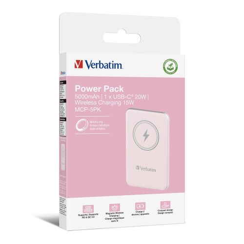 Външна батерия Verbatim MCP-5PK Power Pack 5000 mAh with UBS-C PD 20W / Magnetic Wireless Charging 15W Pink
