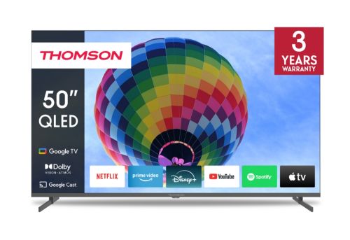 Телевизор Thomson 50" QLED Google TV; 3840 x 2160 (4K UHD), QLED, 60 Hz, DVB-T/T2/C/S/S2, HDR10, Wi-Fi, Bluetooth, LAN, HDMI 2 (2.0) + 2 (2.1), USB 2 (2.0) + 1 (3.0), Side Feet, Dark gray