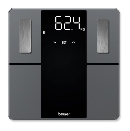 Везна Beurer BF 500 BT diagnostic bathroom scale in black, titanium-coated stainless steel electrodes, extra-large magic display 40mm, Weight, body fat, body water, muscle percentage, bone mass, AMR/BMR calorie display; BMI calculation; Bluetooth; 180 kg 