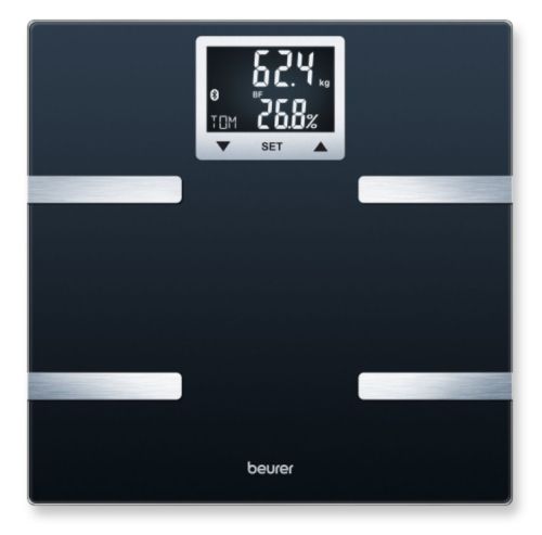 Везна Beurer BF 720 BT diagnostic bathroom scale in black, Weight, body fat, body water, muscle percentage, bone mass, AMR/BMR calorie display; BMI calculation; Black LCD display; white illumination with display of user's initials; Bluetooth; 180 kg / 100