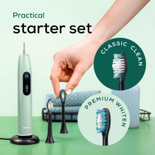 Електрическа четка за зъби Beurer SC 50 peppermint Electric Sonic Toothbrush, up to 80,000 mov/min, 5 cleaning programs: Clean, Sensitive, Polish, Gum Care, Whiten, Pressure sensor , 2-min. timer, Incl. 2 toothbrush heads and magnetic charging plate, 22 d